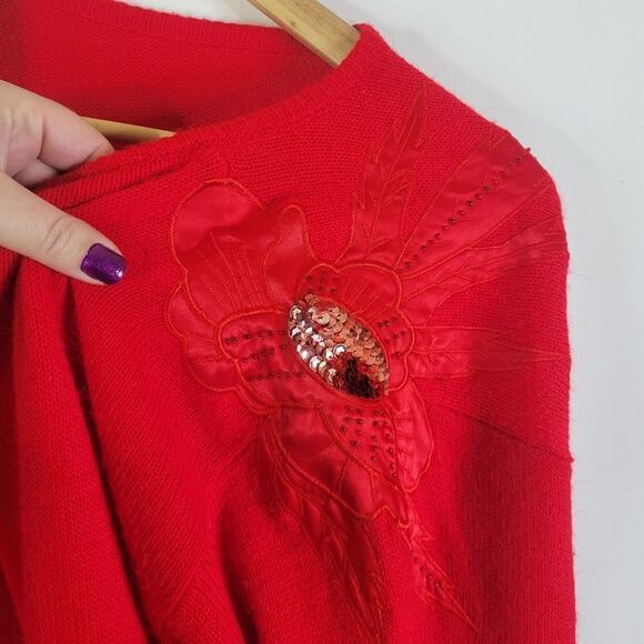 Embellished Shoulder Appliques Vintage Cashmere Blend Bright Red Sweater - Picture 4 of 15